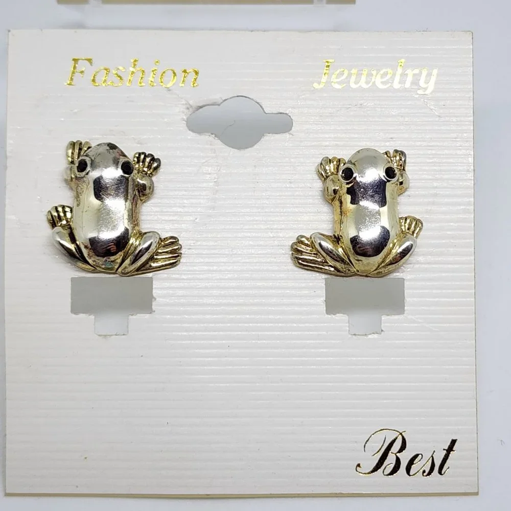 Vintage BEST Silver FROG Toad Black Rhinestone Eyes Pierced Earrings NOC NOS